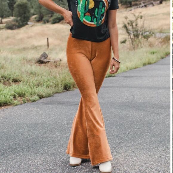 Neutral Tan Camel Velvet Flare Casual Dressy High Waist Yoga Lounge Pants - Picture 5 of 9